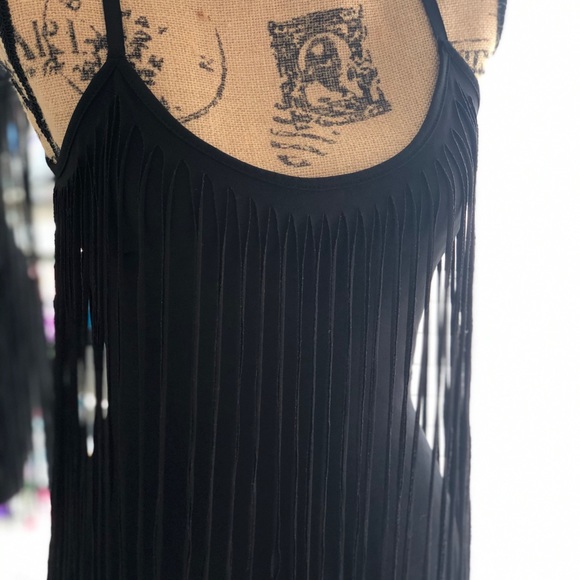 Peep Toe Black Fringe All Over Mini Dress - Picture 4 of 14
